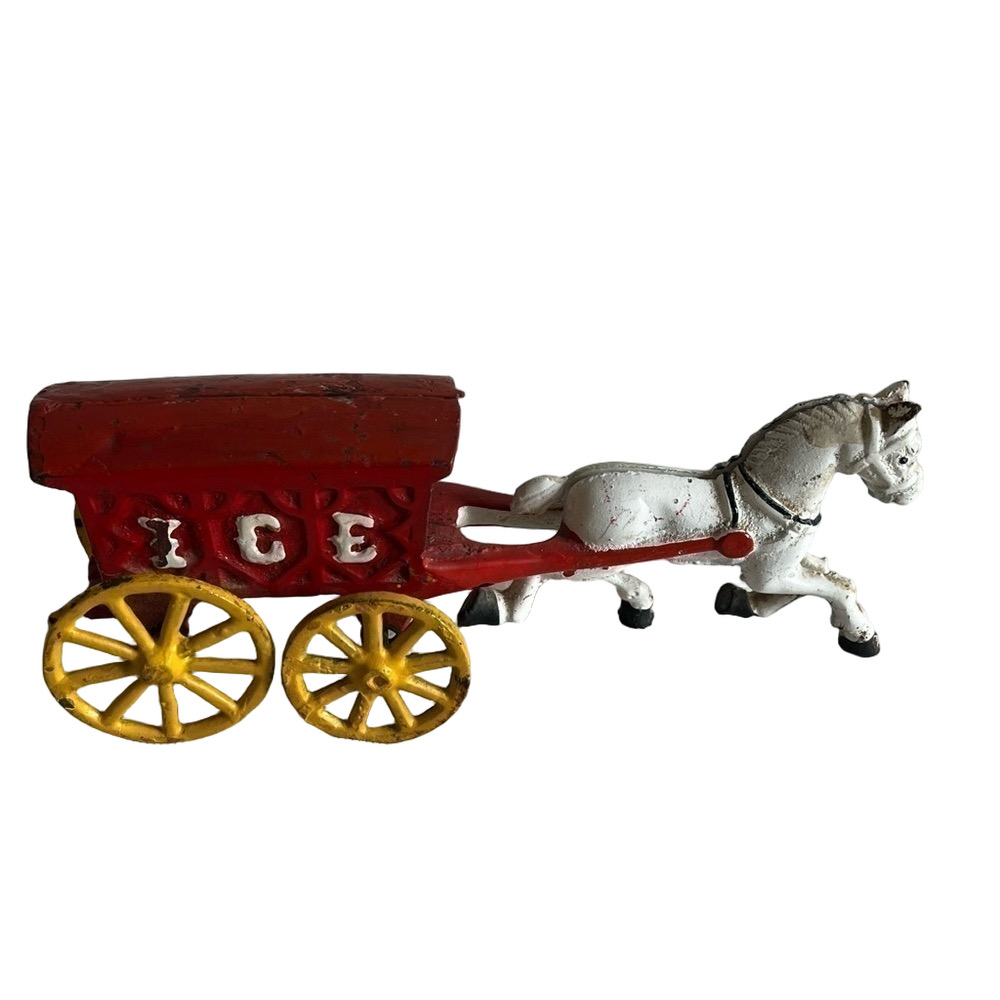 Vintage Cast Iron Horse Drawn Carriage Ice Cart Truck Wagon Red White 8”